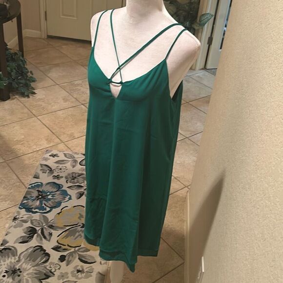 Krisa Size S Strappy Layered Slip Dress Solid Emerald Green Party Cocktail Mini - Picture 3 of 10